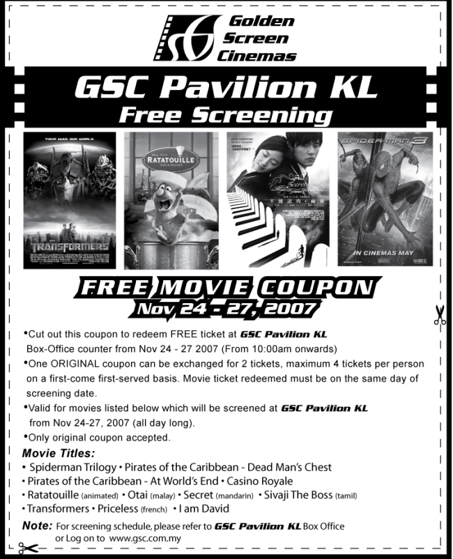 Free Movie Coupon, GSC Pavilion KL